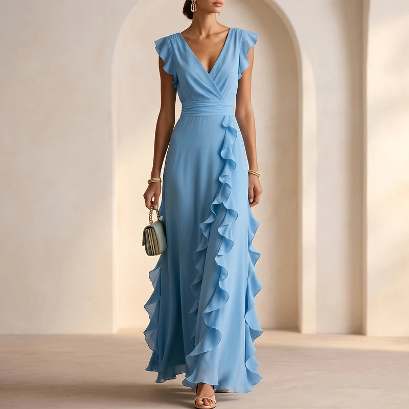 Rosalind Women's Ruffle Wedding Guest Maxi Dress - Blue