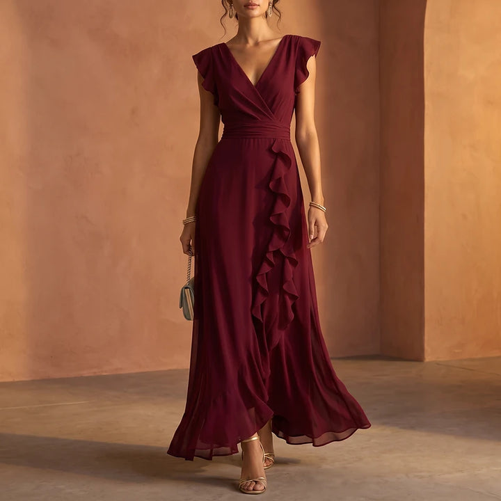 Rosalind Women's Ruffle Wedding Guest Maxi Dress - Wine