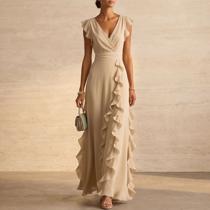 Rosalind Women's Ruffle Wedding Guest Maxi Dress - Khaki