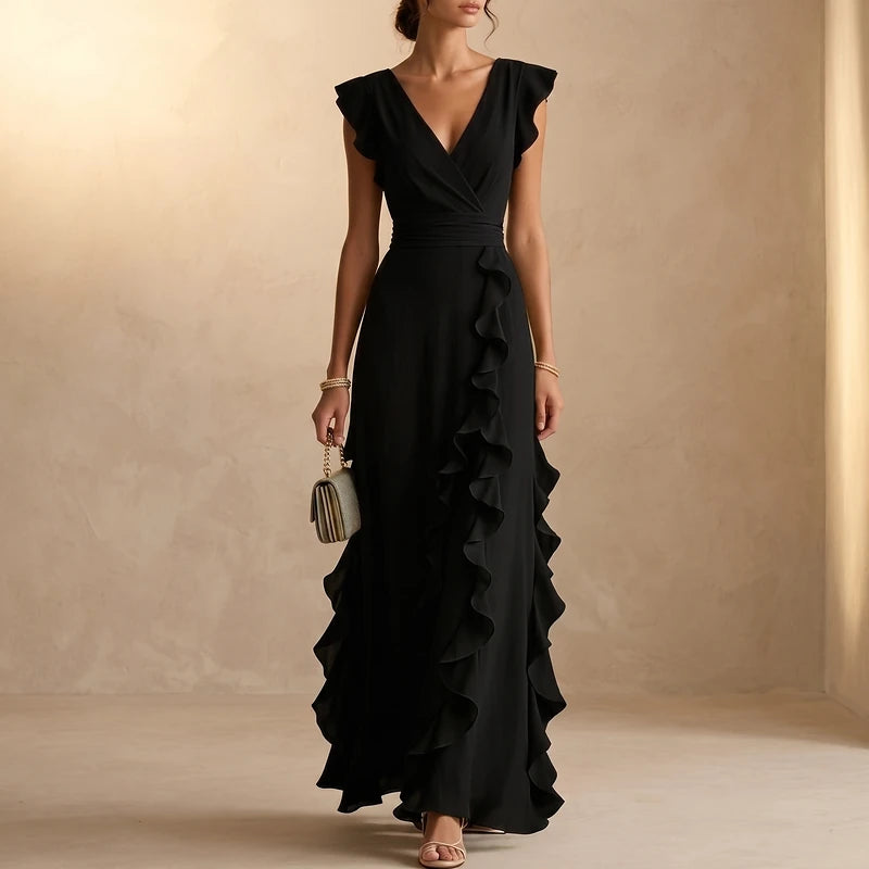 Rosalind Women's Ruffle Wedding Guest Maxi Dress - Black
