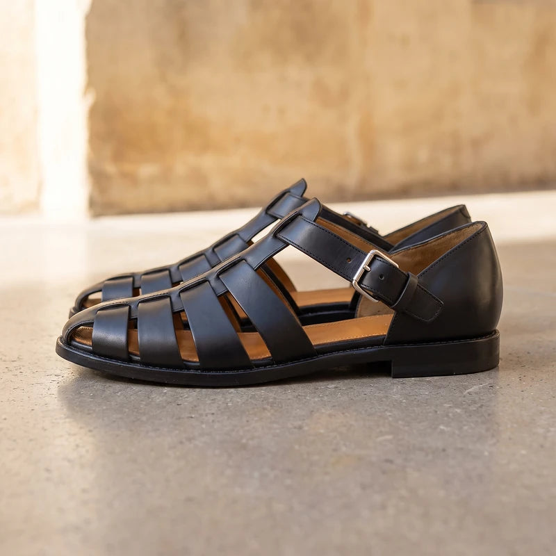 Alistair Men's Woven Leather Fisherman Sandals - Black