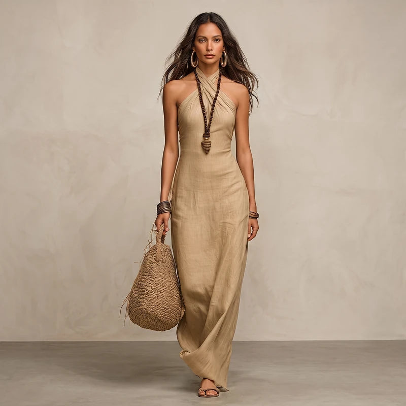 Anouk Women's Linen Halter Maxi Dress - Khaki
