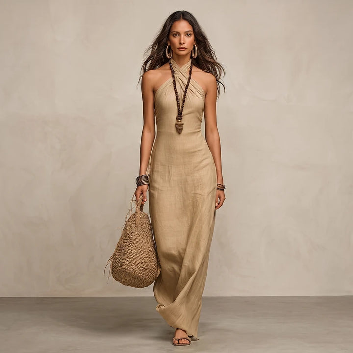 Anouk Women's Linen Halter Maxi Dress - Khaki