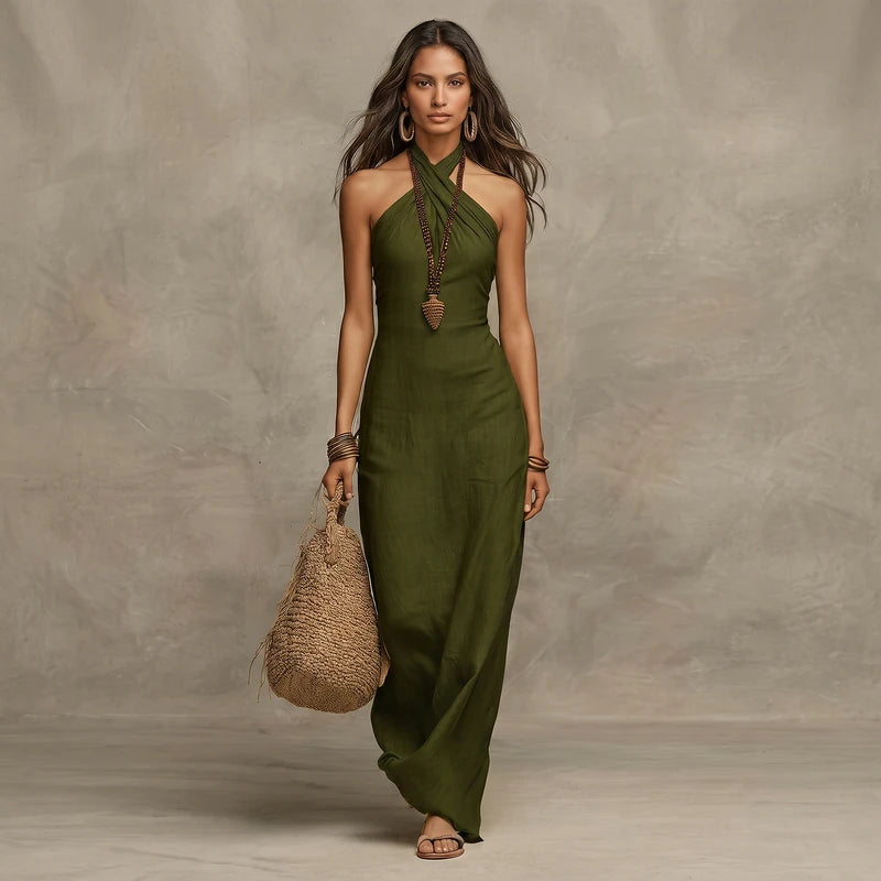 Anouk Women's Linen Halter Maxi Dress - Olive