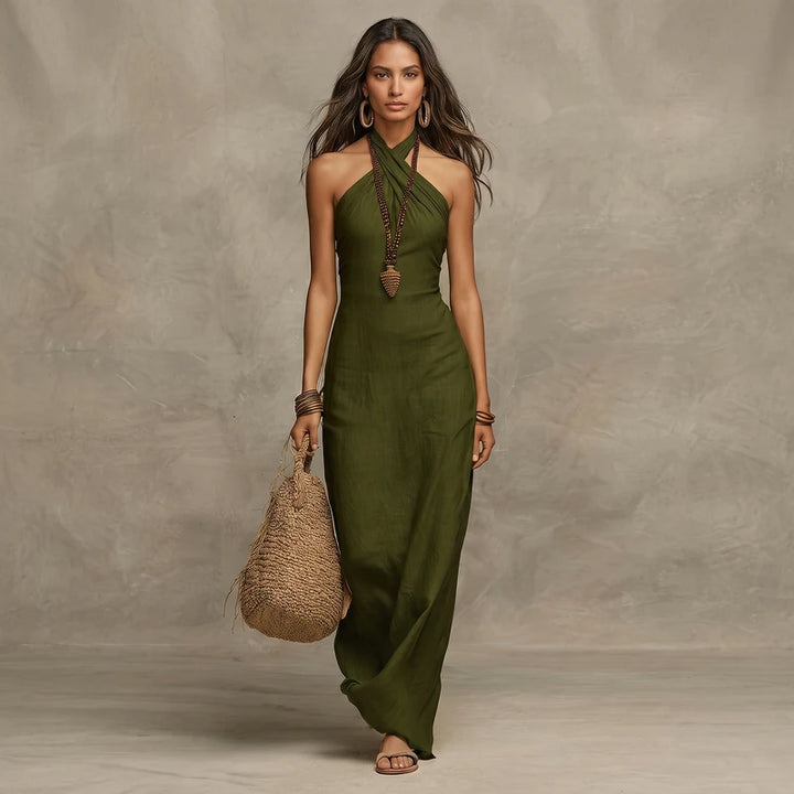Anouk Women's Linen Halter Maxi Dress - Olive