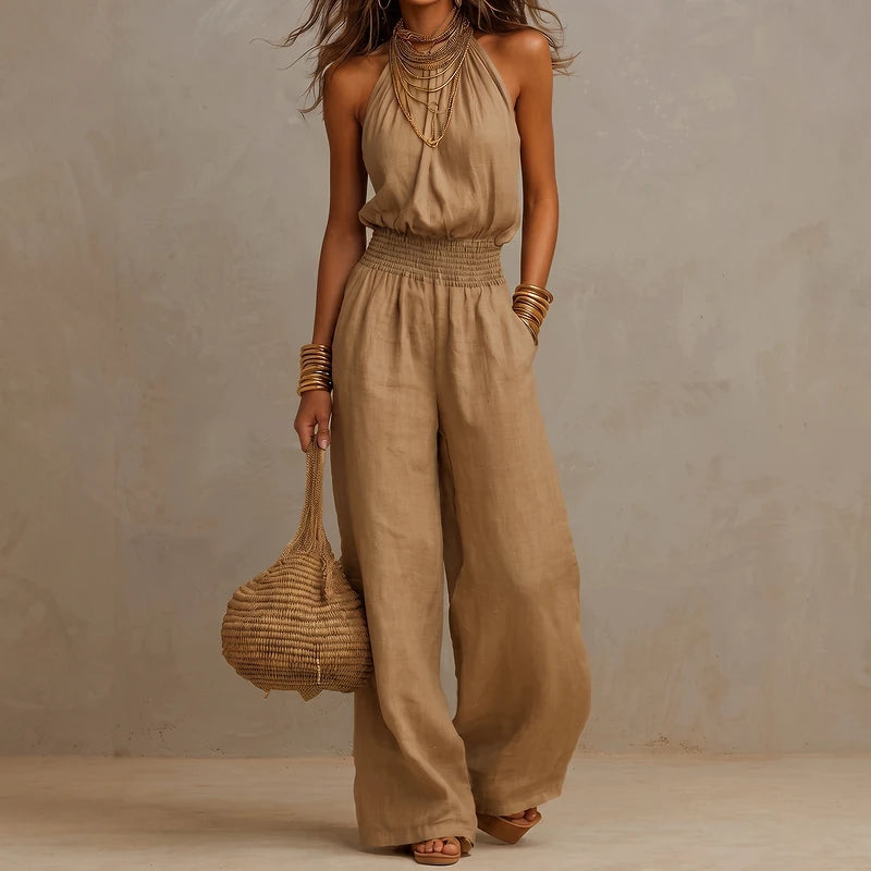 Sabine Women's Wide Leg Halter Jumpsuit - Khaki