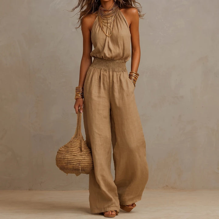 Sabine Women's Wide Leg Halter Jumpsuit - Khaki