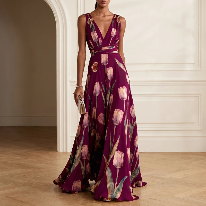 Elodie Women's Chiffon Floral Maxi Dress - Wine