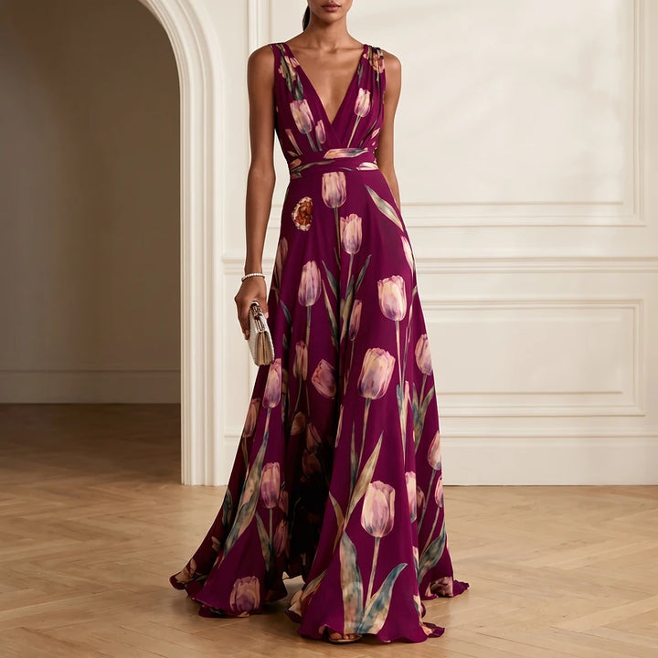 Elodie Women's Chiffon Floral Maxi Dress - Wine
