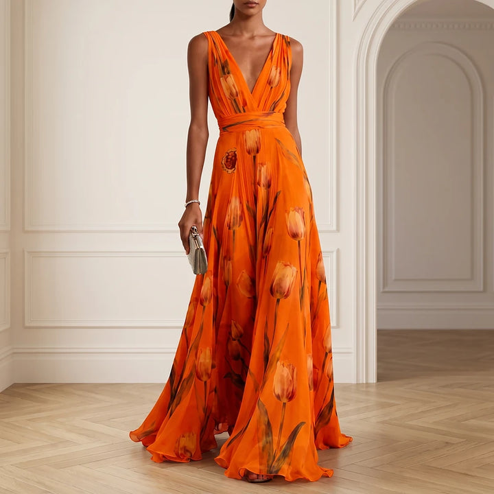 Elodie Women's Chiffon Floral Maxi Dress - Orange