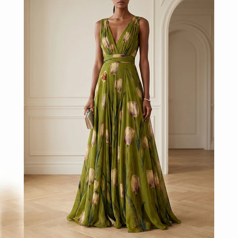 Elodie Women's Chiffon Floral Maxi Dress - Olive