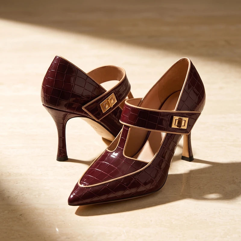 Henriette Women's Croc Embossed T-Strap Heels - Burgundy