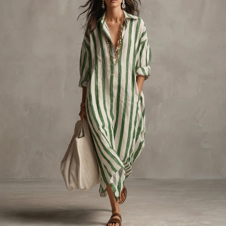 Leonie Women's Striped Linen Shirt Dress - Green