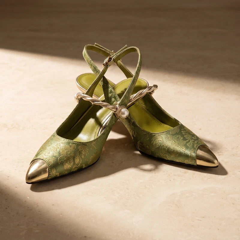 Cosette Women's Satin Pointed Toe Kitten Heels - Green