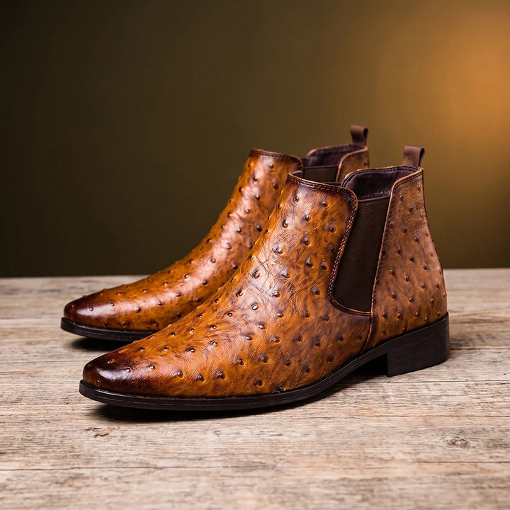 Whitaker Men's Ostrich Embossed Leather Boots - Brown