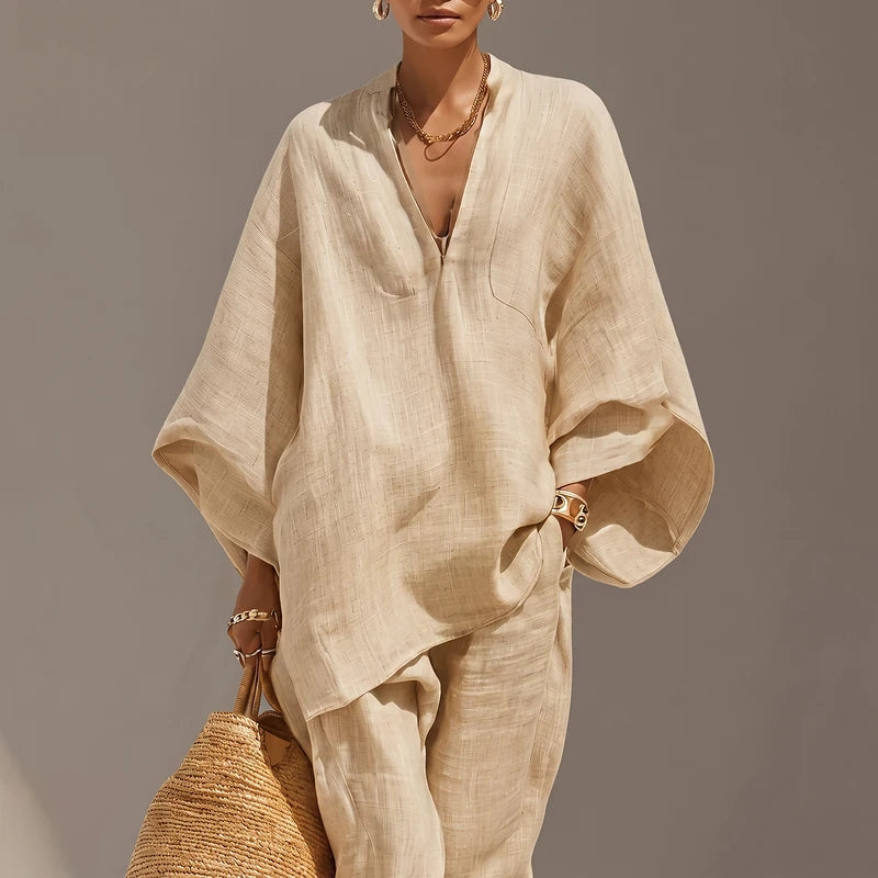 Noemie Women's Linen Two Piece Pants Set - Beige
