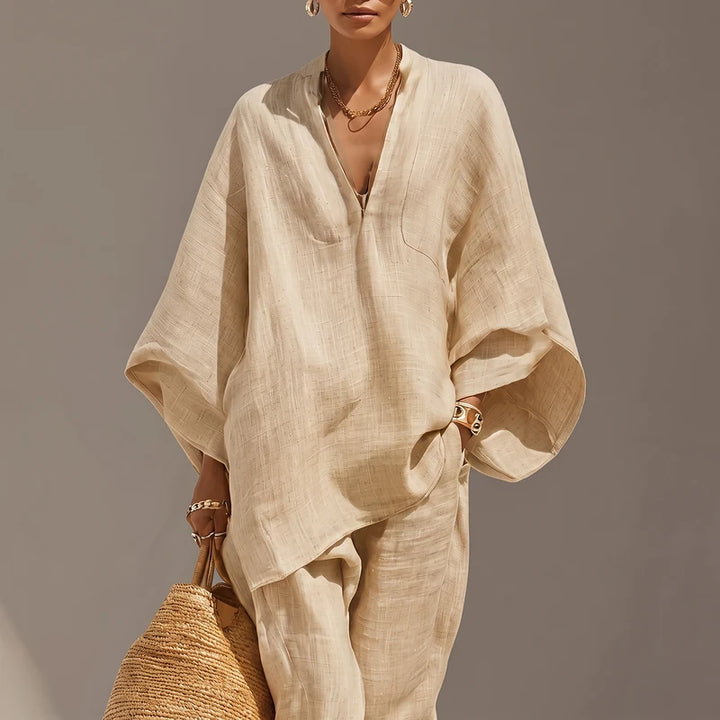 Noemie Women's Linen Two Piece Pants Set - Beige