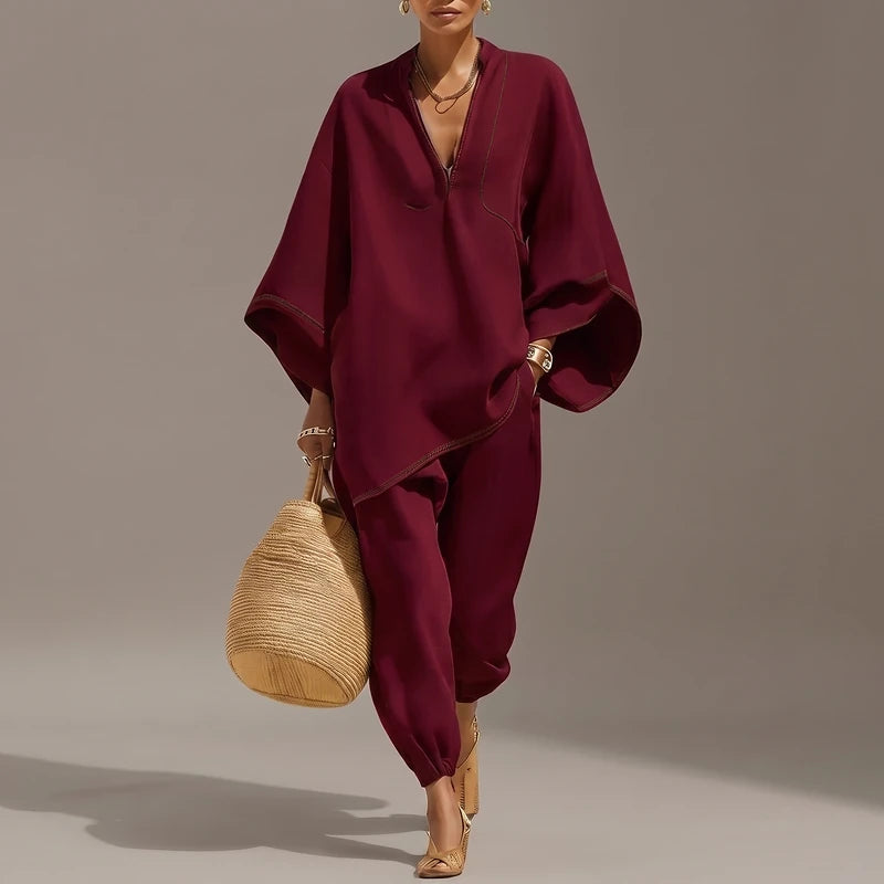 Noemie Women's Linen Two Piece Pants Set - Burgundy