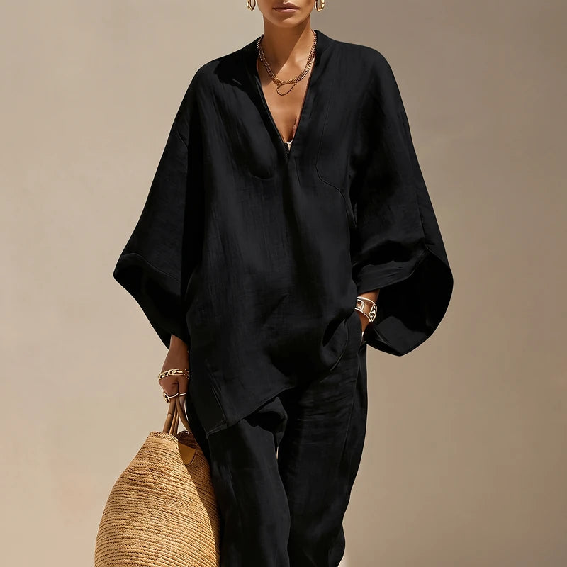 Noemie Women's Linen Two Piece Pants Set - Black