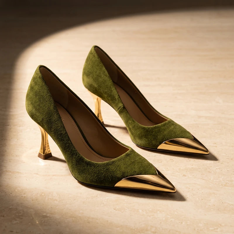 Estelle Women's Suede Metal Toe Cap Heels - Olive