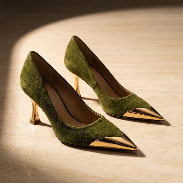 Estelle Women's Suede Metal Toe Cap Heels - Olive