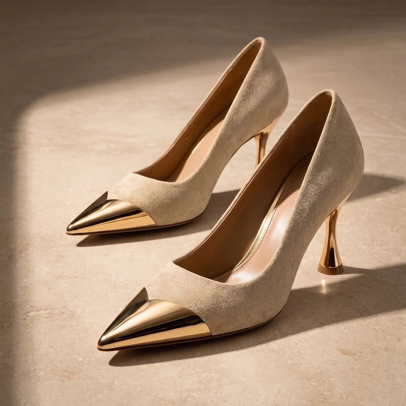 Estelle Women's Suede Metal Toe Cap Heels - Beige