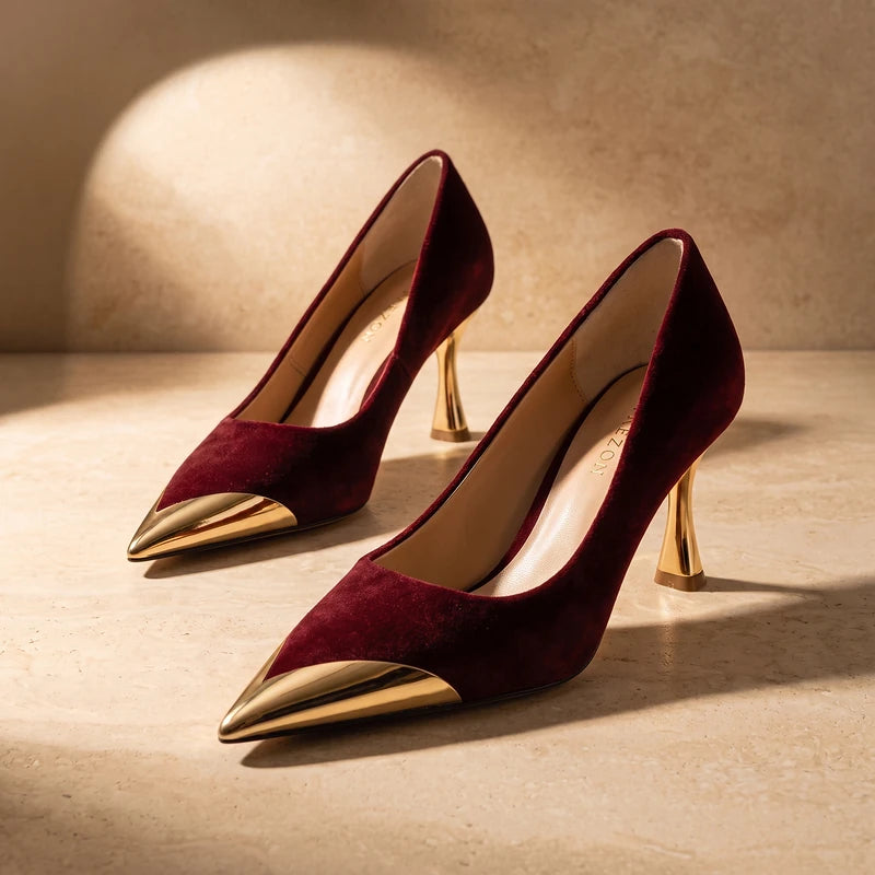 Estelle Women's Suede Metal Toe Cap Heels - Red