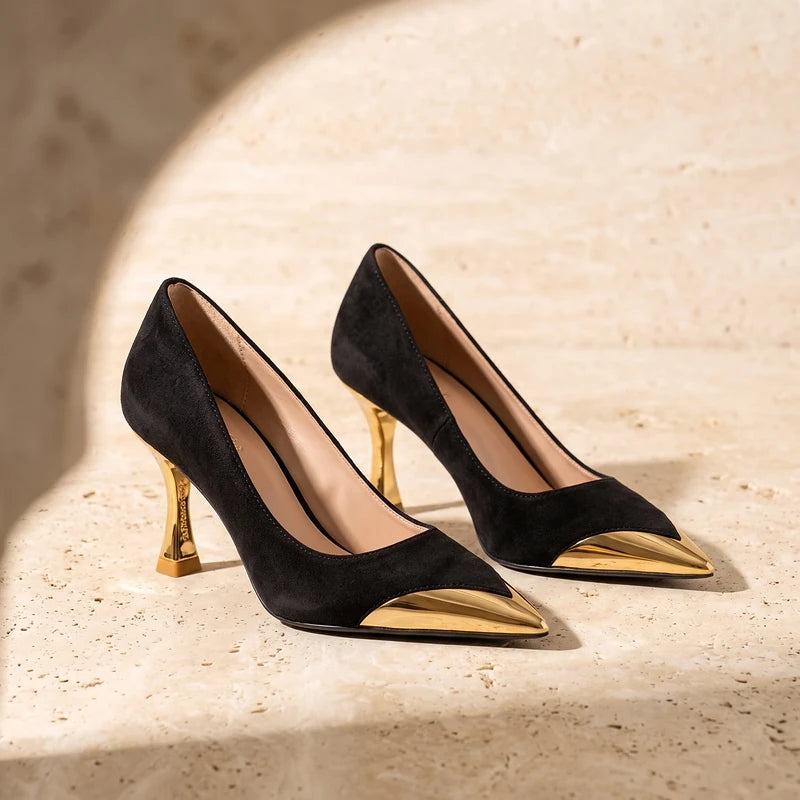 Estelle Women's Suede Metal Toe Cap Heels - Black