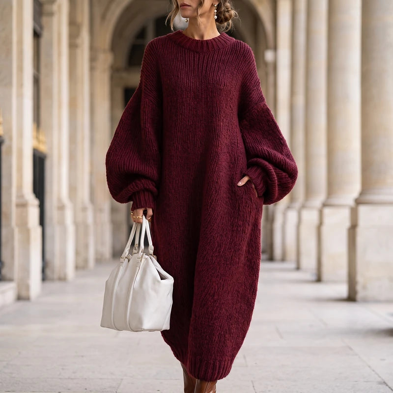 Ingrid Women's Ribbed Knit Maxi Dress - Wine Red
