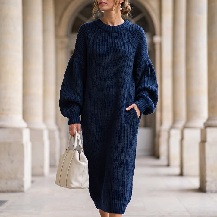 Ingrid Women's Ribbed Knit Maxi Dress - Navy Blue