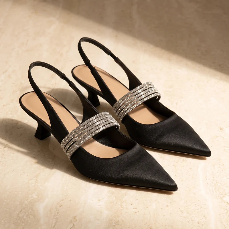 Lisette Women's Satin Slingback Kitten Heels - Black
