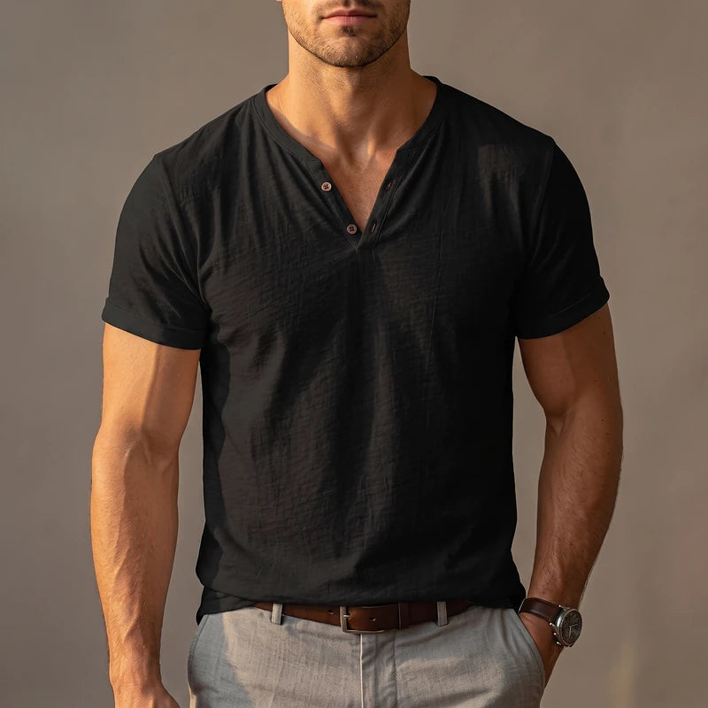 Wendell Men's Slim V-Neck Henley - Black