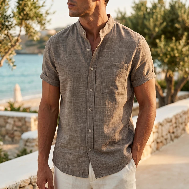 Norwood Men's Collarless Linen Shirt - Taupe