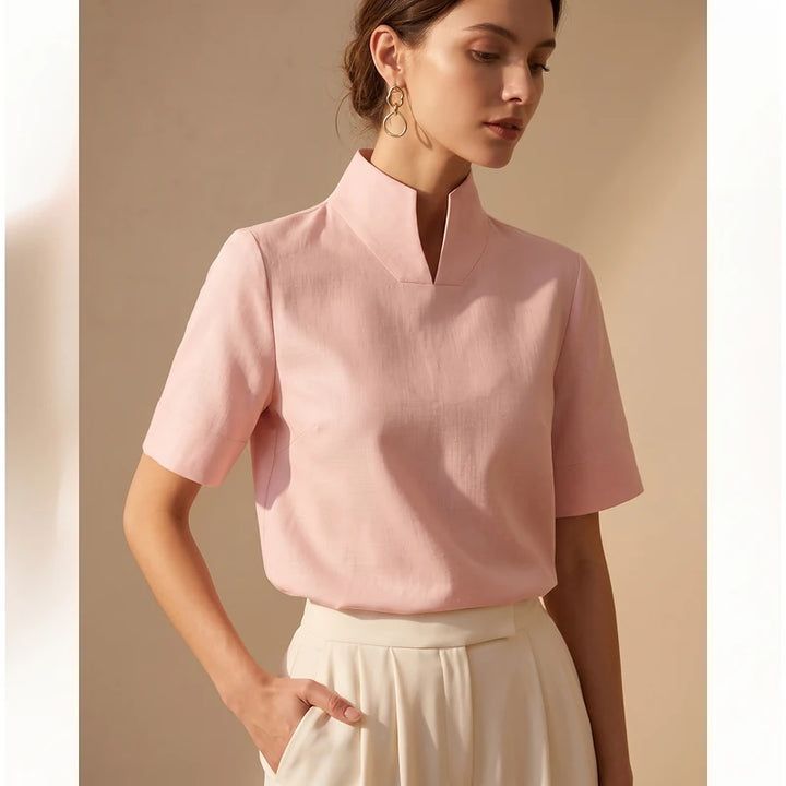 Odile Women's V Cut Mock Neck Blouse - Pink