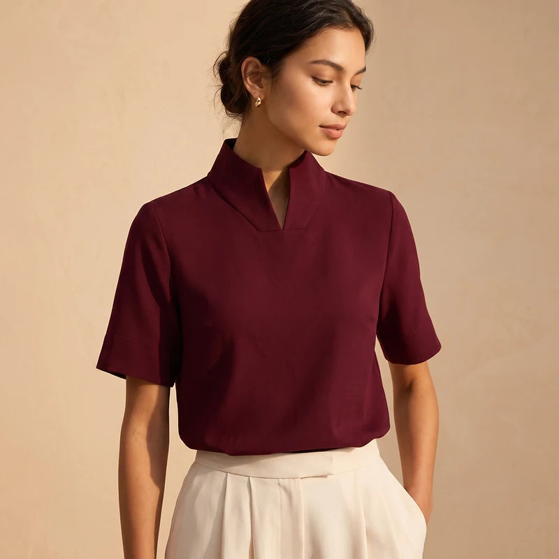 Odile Women's V Cut Mock Neck Blouse - Wine