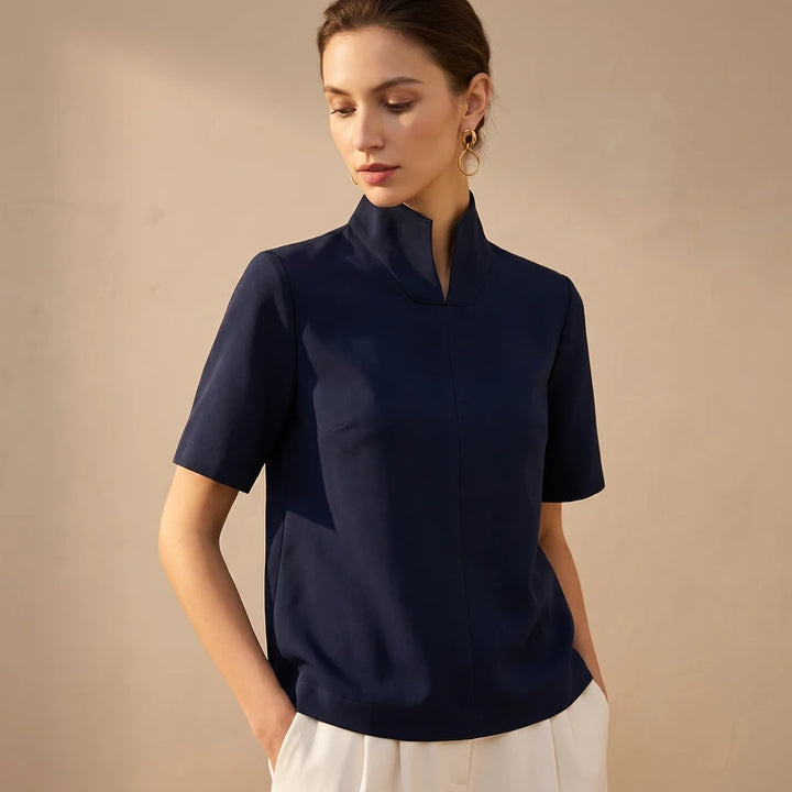 Odile Women's V Cut Mock Neck Blouse - Navy
