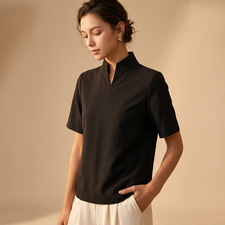 Odile Women's V Cut Mock Neck Blouse - Black