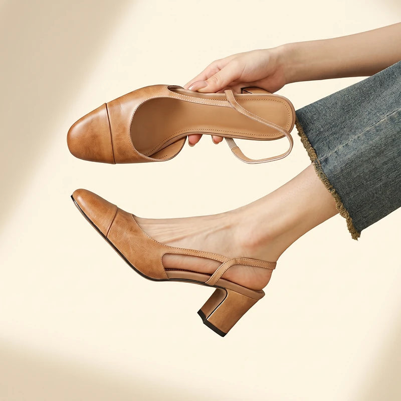 Honora Women's Leather Slingback Block Heels - Beige