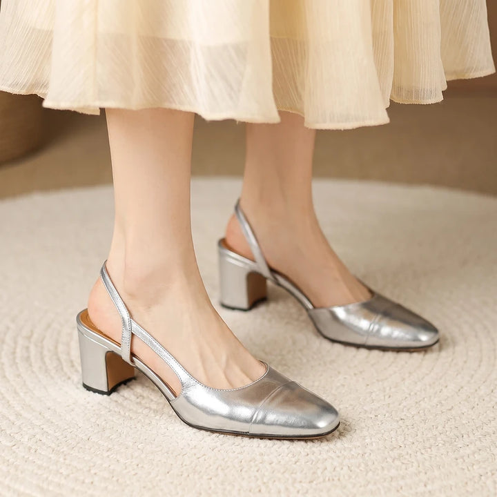 Honora Women's Leather Slingback Block Heels - Silver