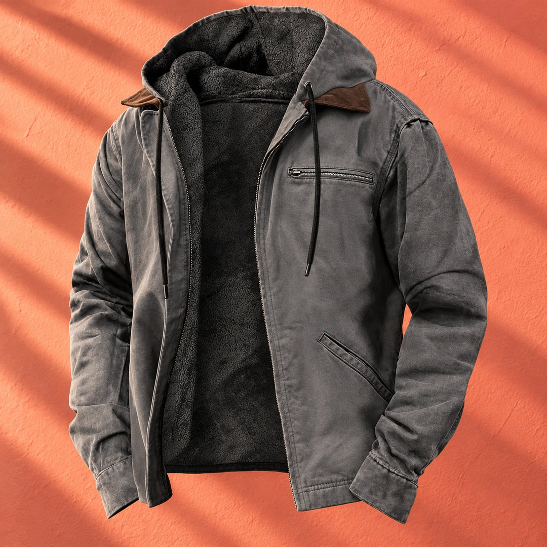 Abel Fleece Lined Canvas Hooded Jacket - Gray