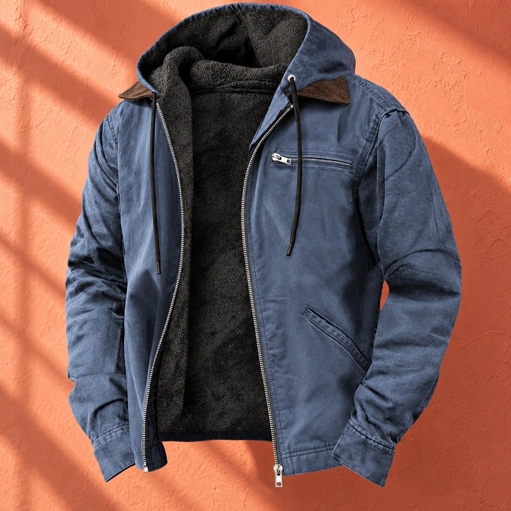 Abel Fleece Lined Canvas Hooded Jacket - Navy Blue