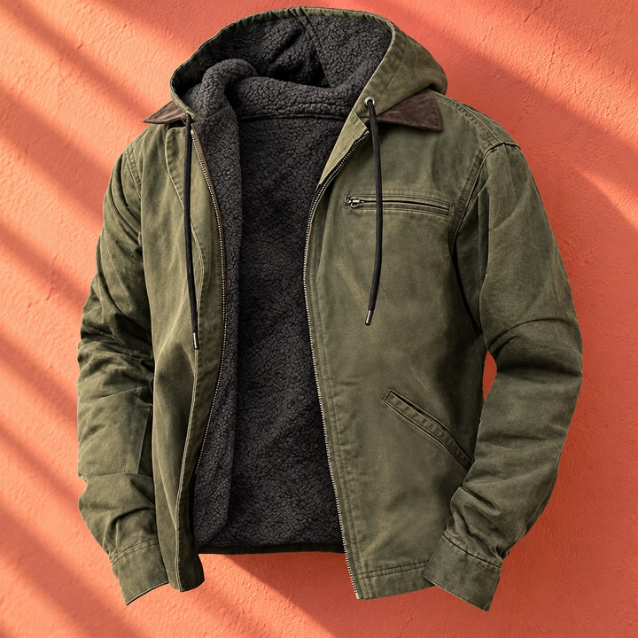 Abel Fleece Lined Canvas Hooded Jacket - Olive Green