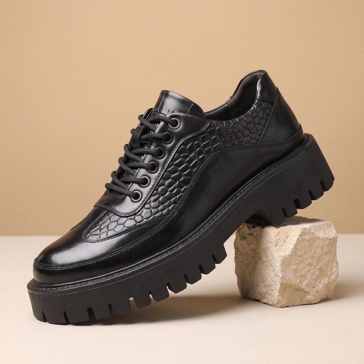 Achille Croc Panel Leather Lug Sole Derby Shoes - Black