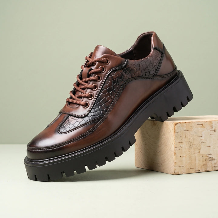 Achille Croc Panel Leather Lug Sole Derby Shoes - Dark Brown