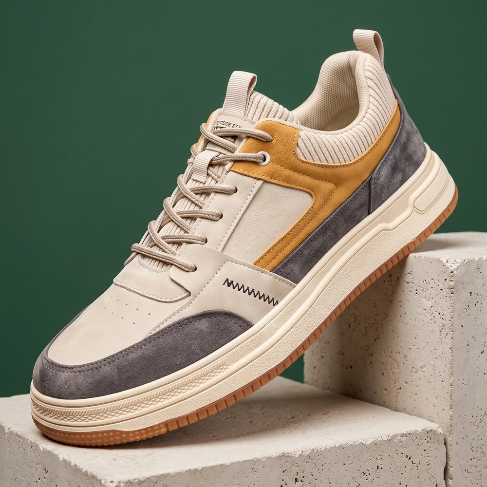 Adam Color Block Leather Knit Collar Sneakers - Beige