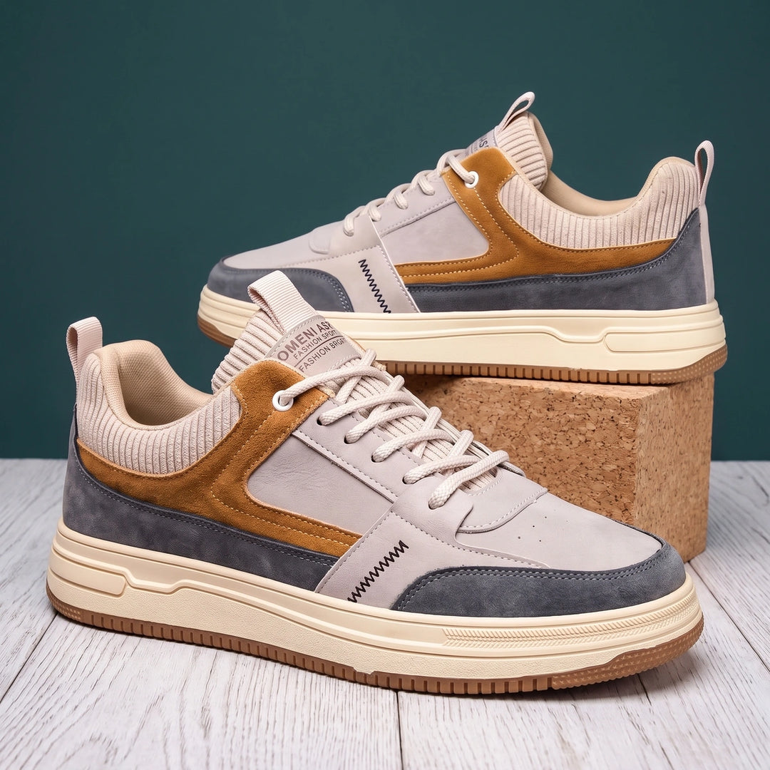 Adam Color Block Leather Knit Collar Sneakers - Beige