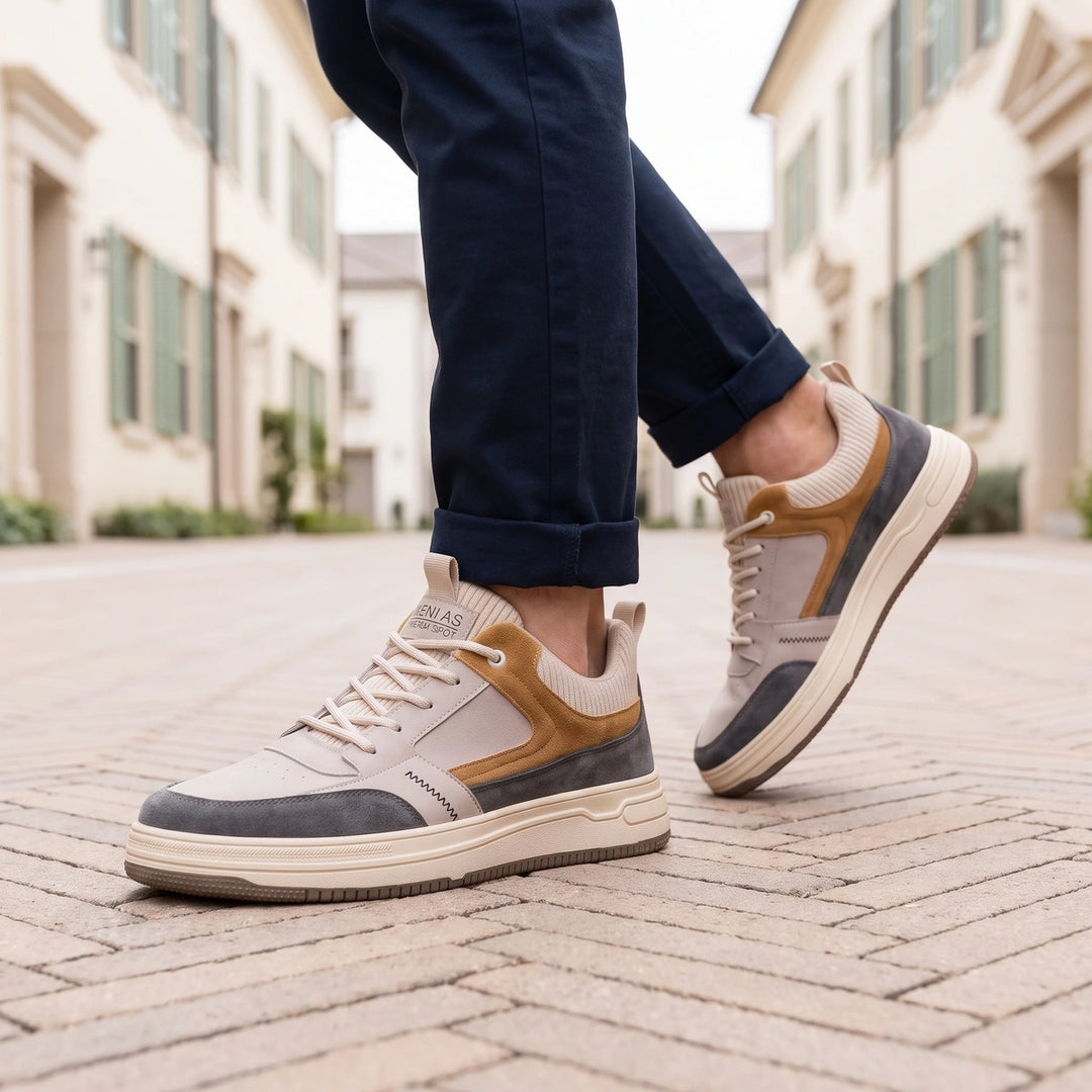 Adam Color Block Leather Knit Collar Sneakers - Beige