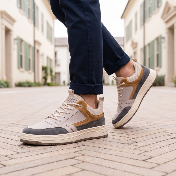 Adam Color Block Leather Knit Collar Sneakers - Beige