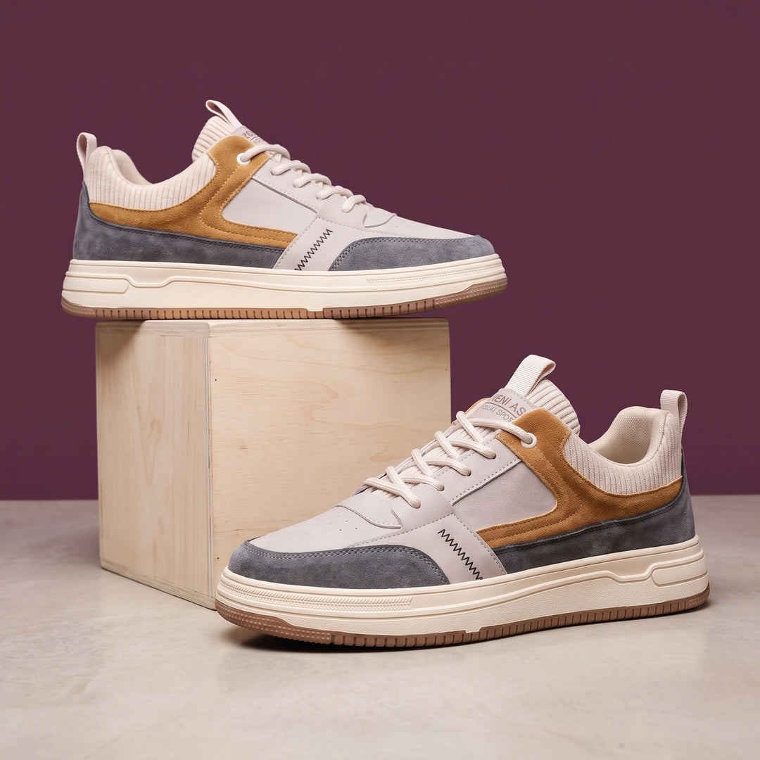 Adam Color Block Leather Knit Collar Sneakers - Beige