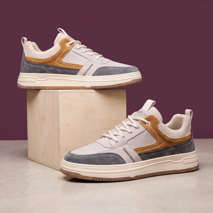 Adam Color Block Leather Knit Collar Sneakers - Beige